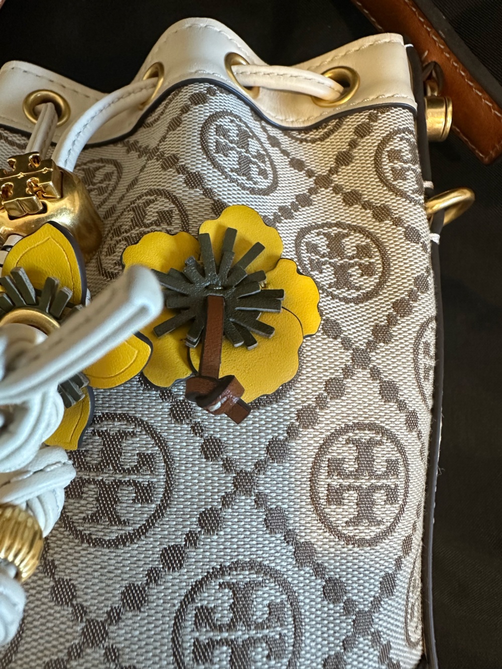 Tory Burch T Monogram Braided Floral Mini Bucket Bag - Picture 14 of 16